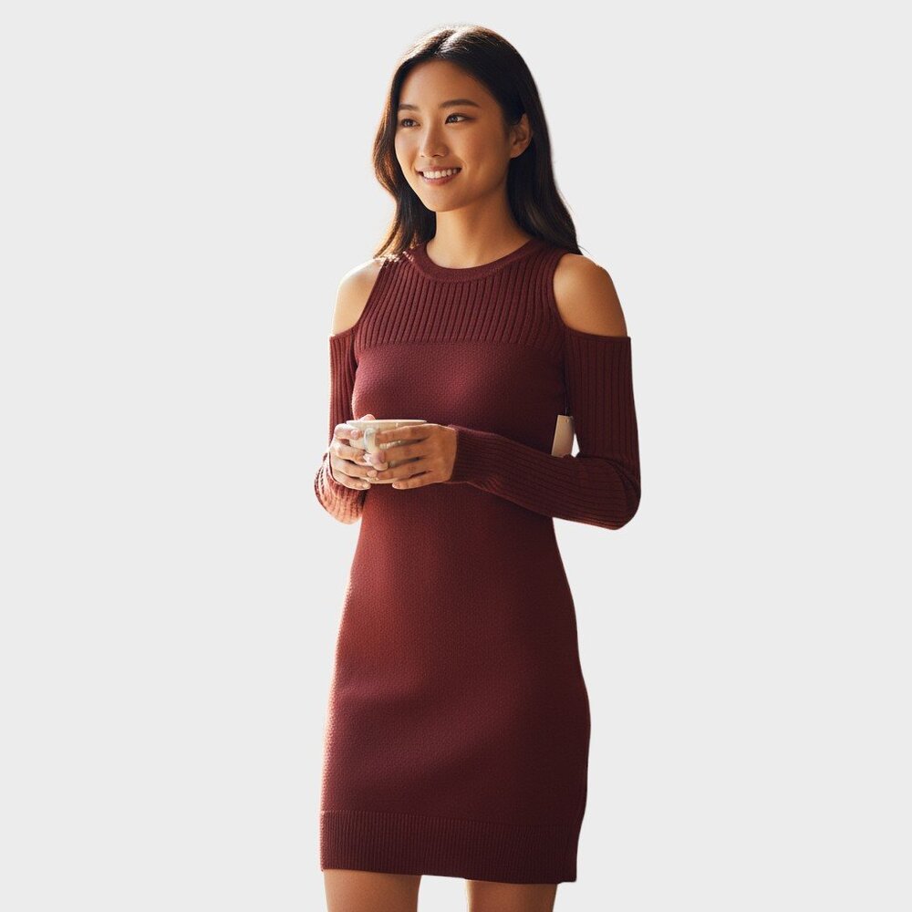 JustFab Women's S Burgundy Ribbed Cold Shoulder Bodycon Mini Sweater Dress